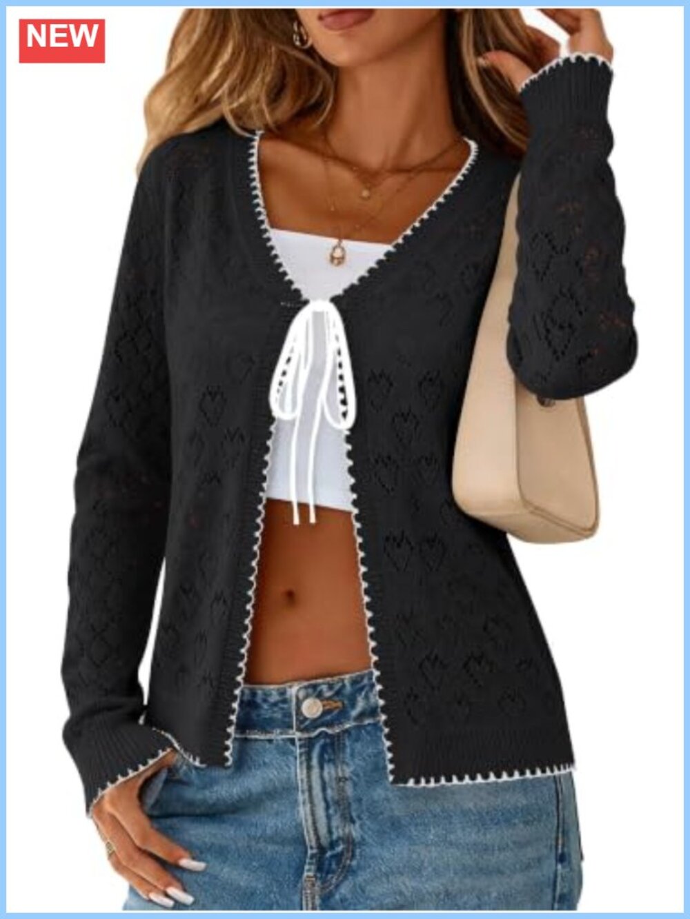 Pointelle Knit Open Front Tie Front Cardigan Women's Long Sleeve Crop Sweater